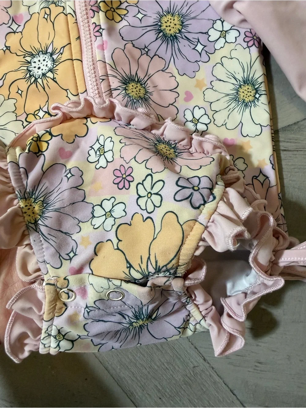 Caden Lane Pink Retro Floral Long-Sleeve One-Piece zip up ruffle butt 12-18m GUC